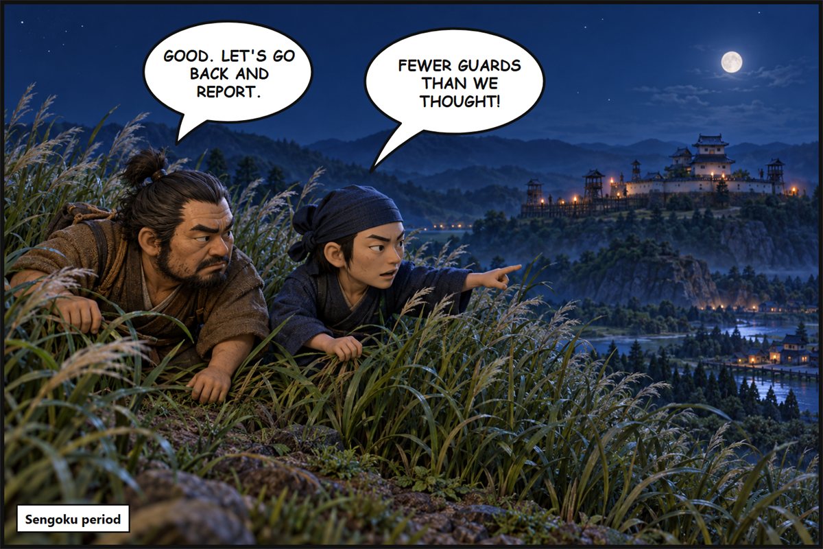 Manga panel. Two shinobi lying in the tall grass at night watch an enemy castle. The young one says, 'Fewer guards than we thought!' The older one answers, 'Good. Let's go back and report.'