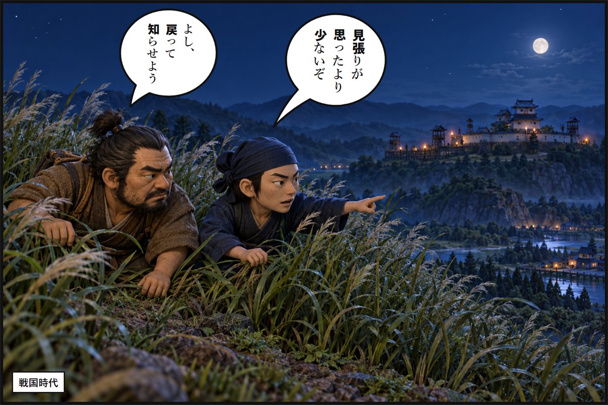 夜、草むらに身をふせて敵の城を見張る2人の忍びの漫画のコマ