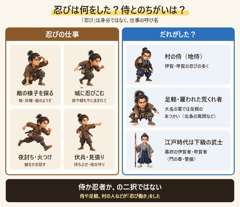 忍びの仕事と、だれが忍び働きをしたかの図。探る・忍びこむ・夜討ち・見張りをする忍びと、村の侍・足軽・江戸時代の下級の武士