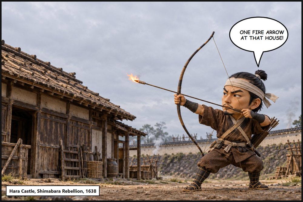 Manga panel. At Hara Castle in 1638, a Hosokawa shinobi draws a bow to shoot a fire arrow at the roof of a half-burned house