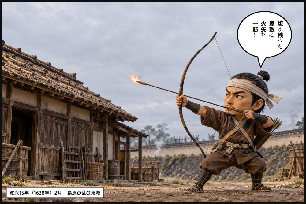 島原の乱の原城で、細川家の忍びが焼け残った屋敷の屋根に向けて火矢を放つ漫画のコマ