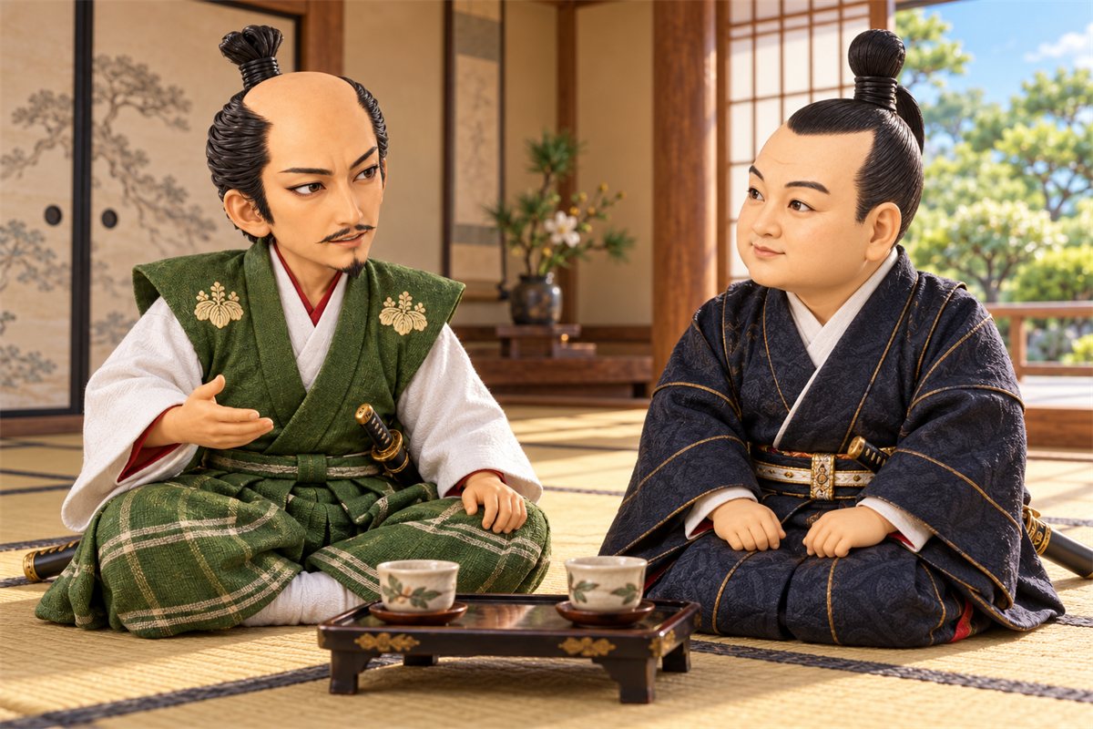 城の座敷で向かい合って座り、同盟について話す織田信長と若いころの徳川家康のイラスト