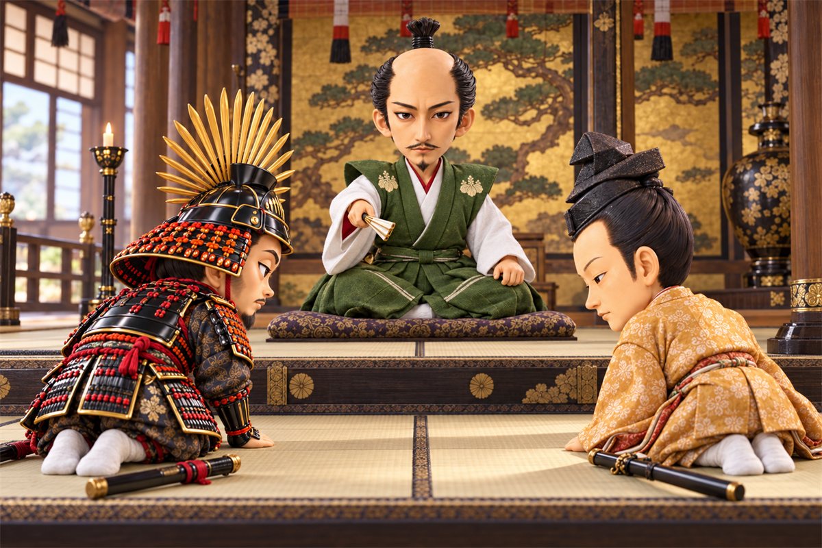 城の広間で、頭を下げる羽柴秀吉と明智光秀に役目を命じる織田信長のイラスト