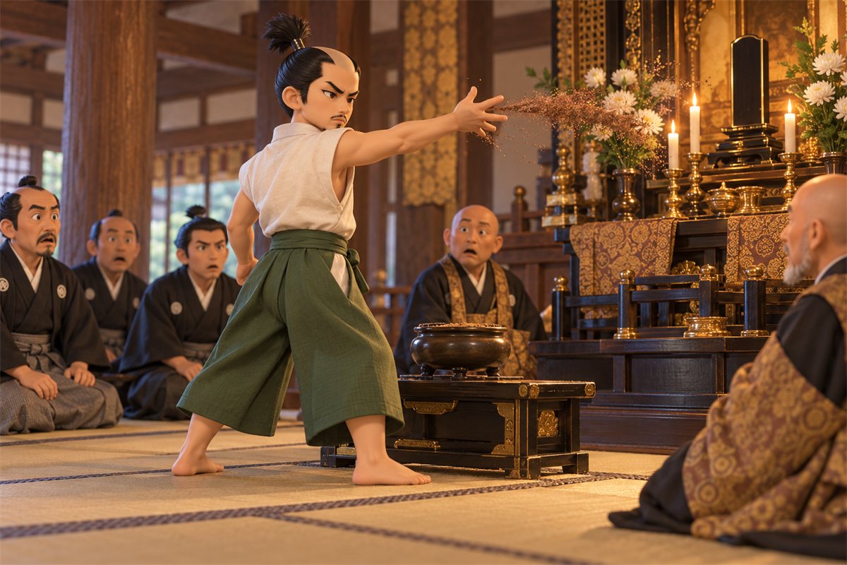 父の葬儀で、祭壇へ抹香を投げつける若いころの織田信長と、おどろく人たちのイラスト
