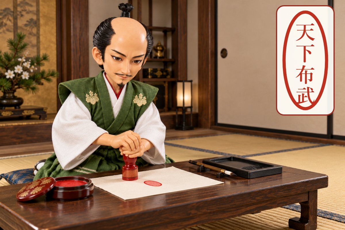 文机に向かって手紙に印を押す織田信長のイラストと、「天下布武」の印の文字