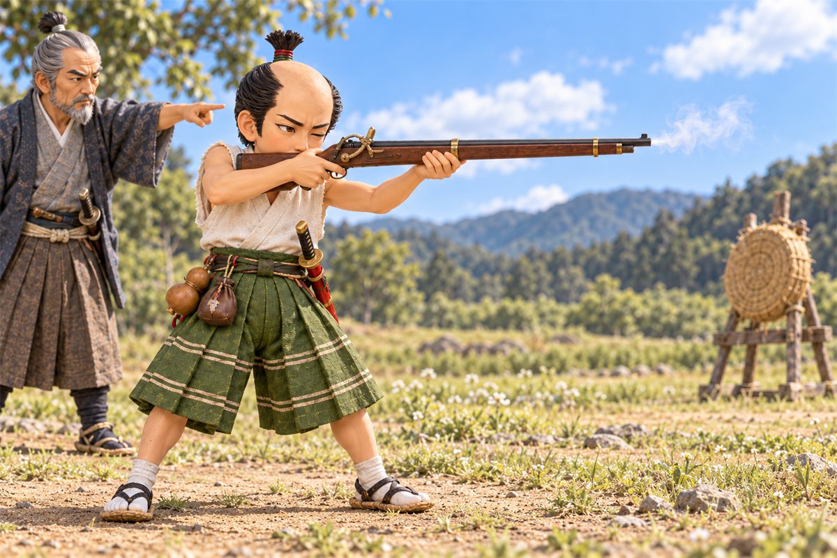 野原でわらの的をねらって火縄銃の稽古をする若いころの織田信長のイラスト