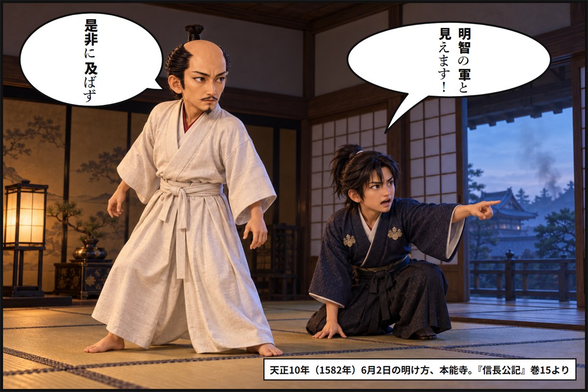 夜明け前の本能寺の御殿で、小姓の森乱が外を指さして知らせ、寝間着姿の織田信長が外を見る漫画のコマ