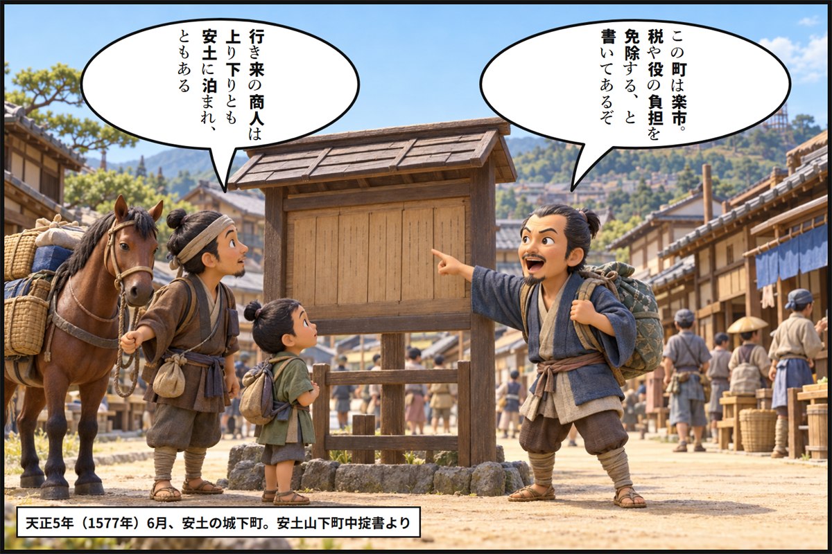 安土の城下町の通りで、高札に書かれた掟書を商人が読み上げ、まわりの人が見上げる漫画のコマ