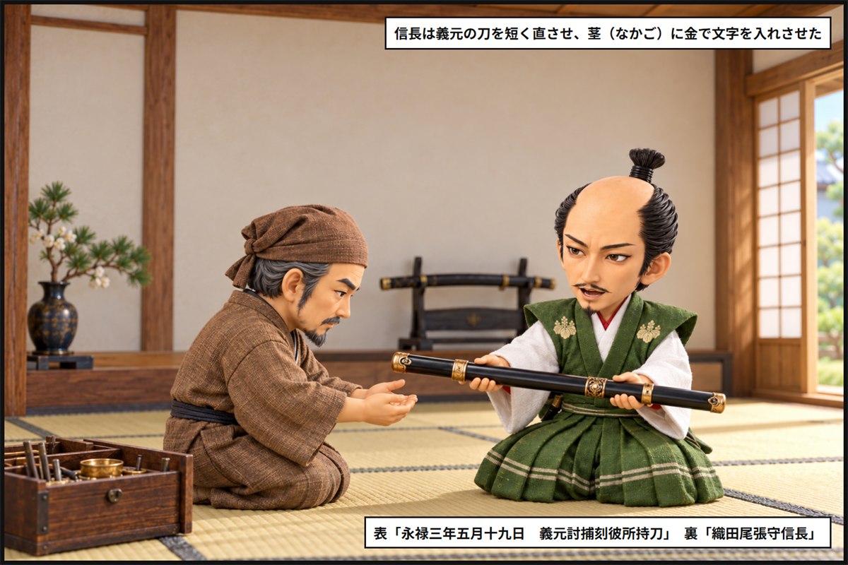 清洲城の座敷で、織田信長が鞘に納めた今川義元の刀を職人に渡し、金の文字を入れるよう命じる漫画のコマ
