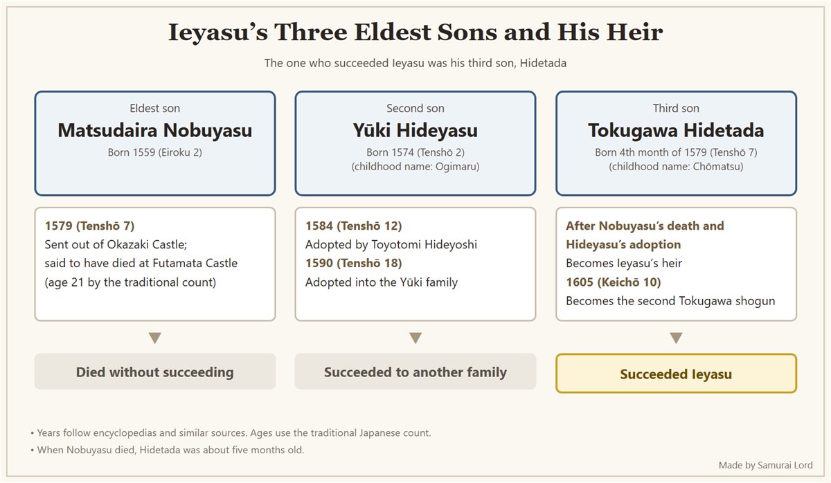 Chart of Tokugawa Ieyasu's three eldest sons, Nobuyasu, Hideyasu and Hidetada, showing what became of each and how Hidetada became the heir