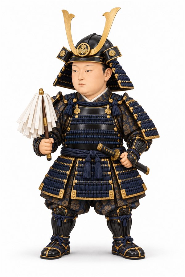 紺色の鎧と鍬形の兜をつけ、采配を持って立つ松平信康のイラスト