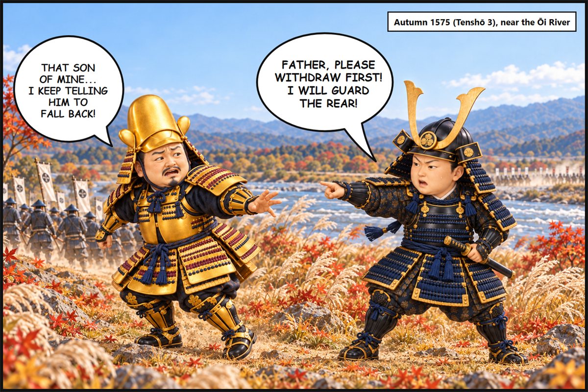 Manga panel. In a field near the Ōi River, Matsudaira Nobuyasu points urgently and says, 'Father, please withdraw first! I will guard the rear!' Tokugawa Ieyasu looks back worriedly and says, 'That son of mine... I keep telling him to fall back!'