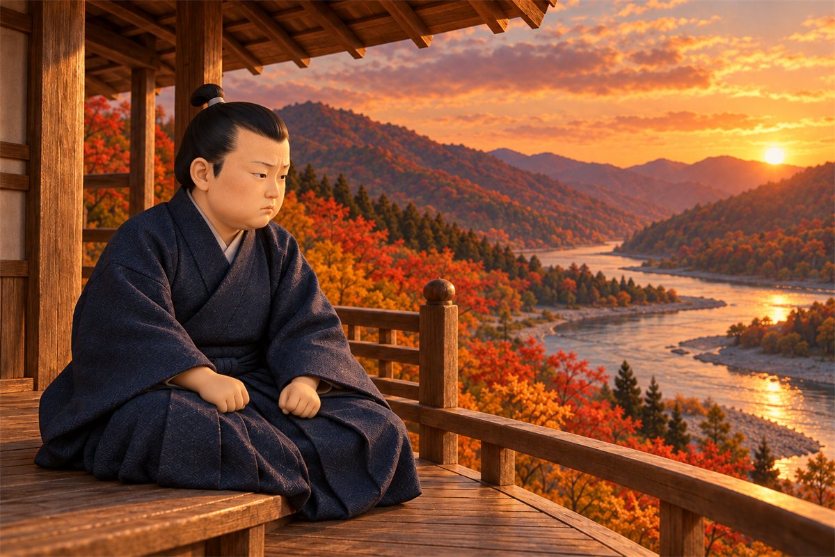 秋の夕方、山あいの城の館の縁側に座り、ひざの上でこぶしをにぎって思いつめた顔で川をながめる松平信康のイラスト