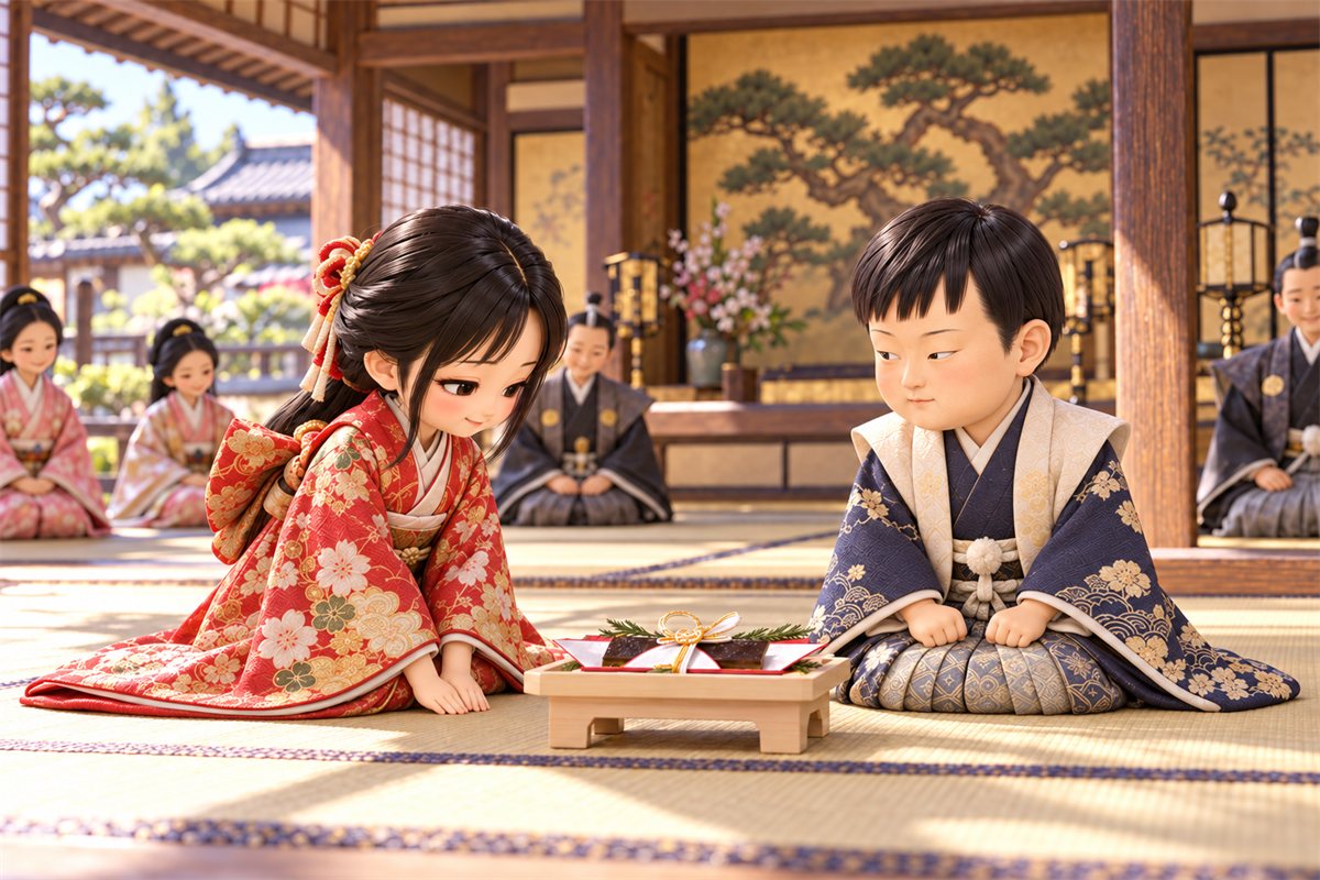 武家屋敷の広間で向かい合って座り、照れくさそうに徳姫を見る子どもの信康と、恥ずかしそうにおじぎをする徳姫のイラスト