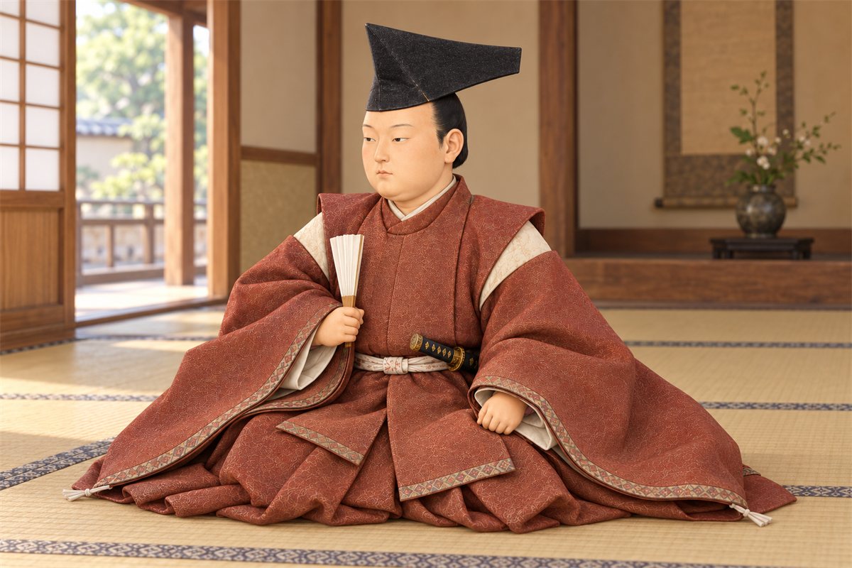 城の一室で扇を持って座る松平信康のイラスト