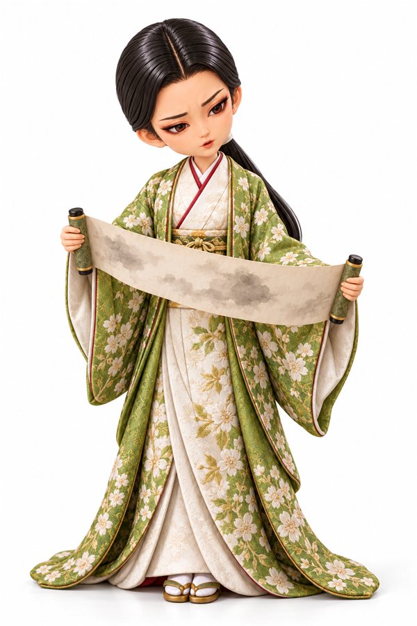 若草色に桜の柄の打掛を着て、白い巻物を広げ、眉を寄せて不思議そうにのぞきこむ濃姫のイラスト
