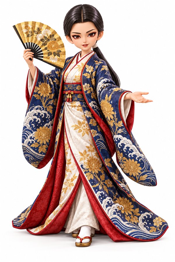 藍色に波と菊の柄の打掛を着て、金の扇を広げ、片手で横を指して案内する濃姫のイラスト