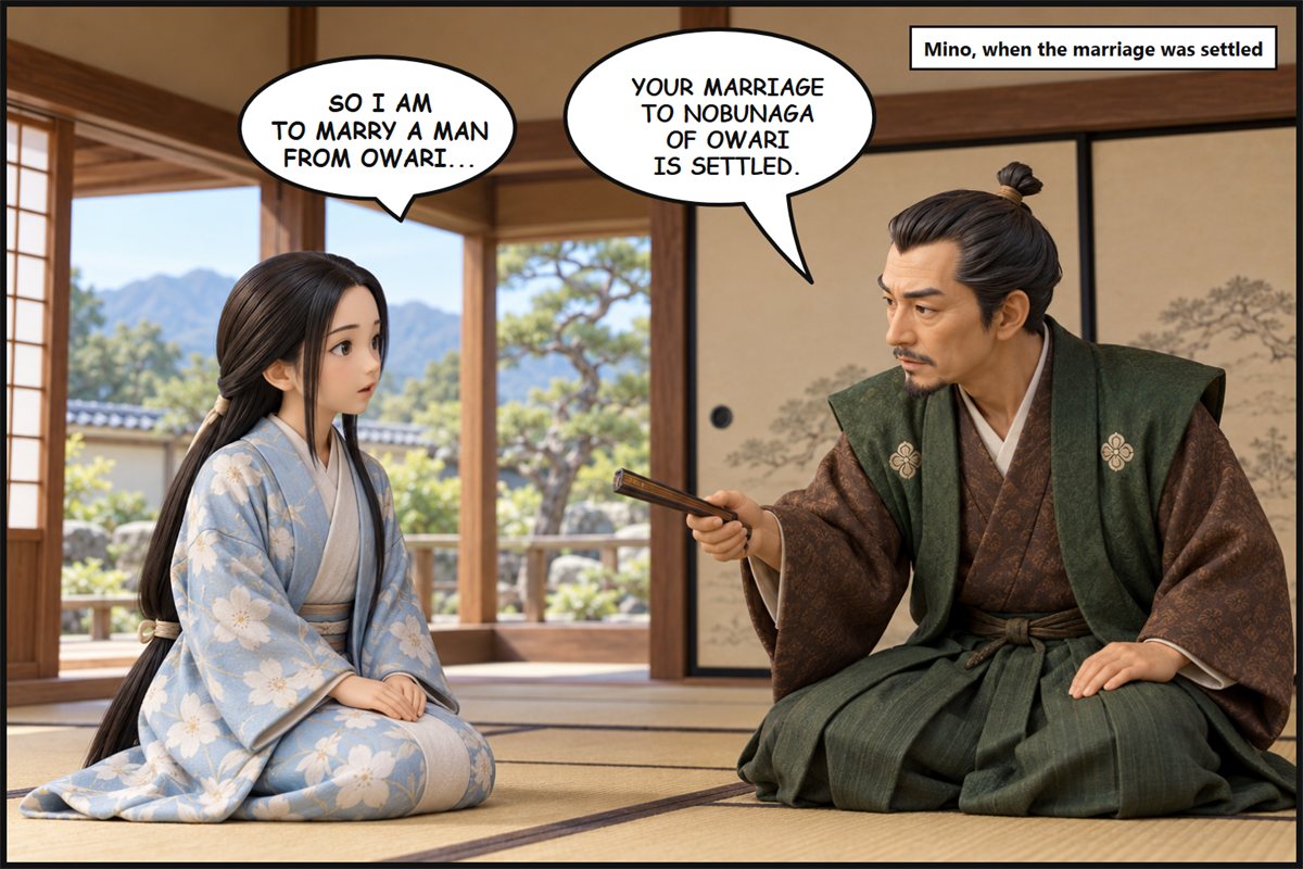 Manga panel. In a room of a mansion in Mino, Saitō Dōsan tells his daughter, 'Your marriage to Nobunaga of Owari is settled.' Nōhime says, 'So I am to marry a man from Owari...'
