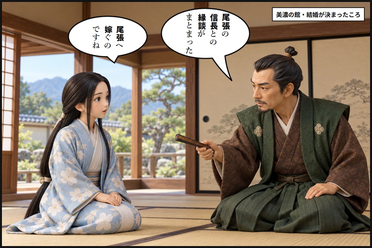 美濃の館の座敷で、斎藤道三が娘の濃姫に尾張の信長との縁談を伝え、濃姫がはっとして父を見つめる漫画のコマ