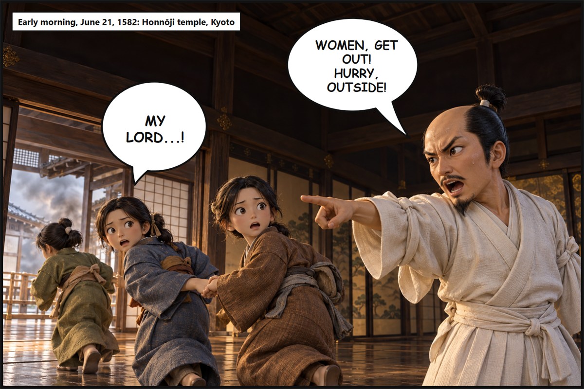 Manga panel. In the smoke-filled hall of Honnō-ji, Oda Nobunaga points and shouts, 'Women, get out! Hurry, outside!' A woman in blue says, 'My lord...!'