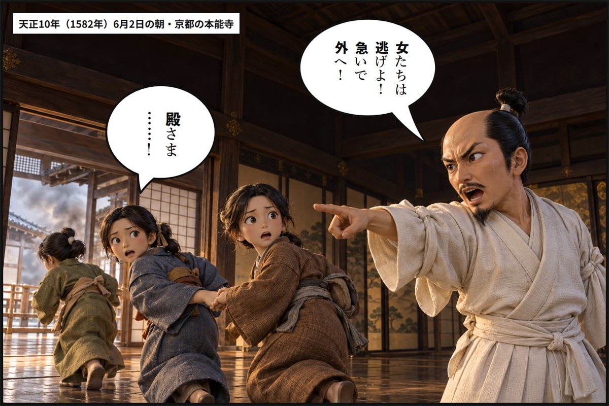 煙が流れこむ本能寺の御殿で、織田信長が腕を大きく振って、そばにいた女性たちに急いで外へ逃げるよう叫ぶ漫画のコマ