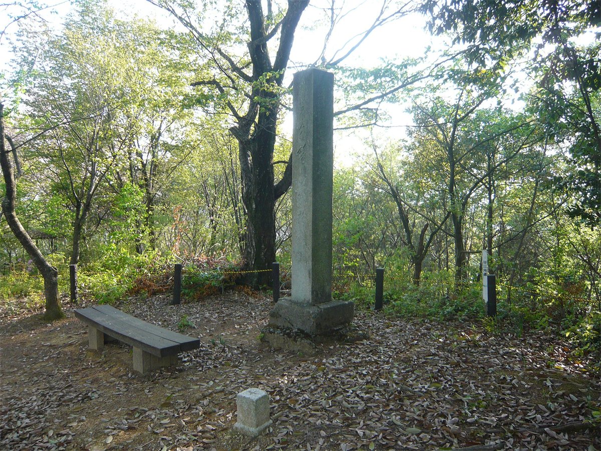 岐阜市の鷺山の山頂。木々に囲まれた広場に鷺山城跡の石碑が立っている