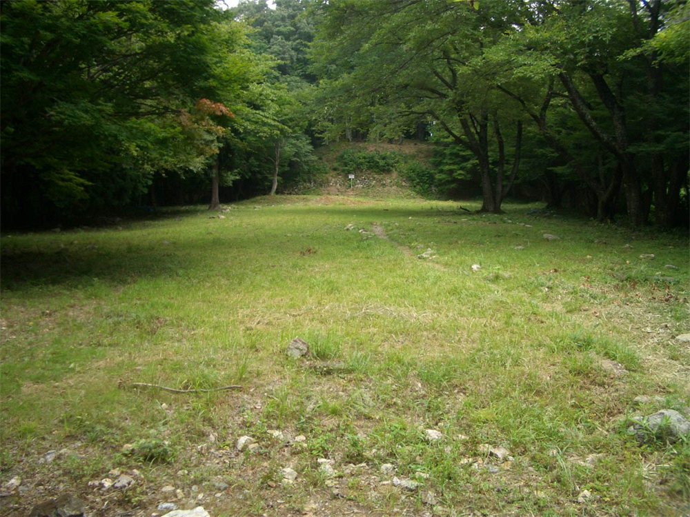 木々に囲まれた小谷城跡の千畳敷の平らな草地