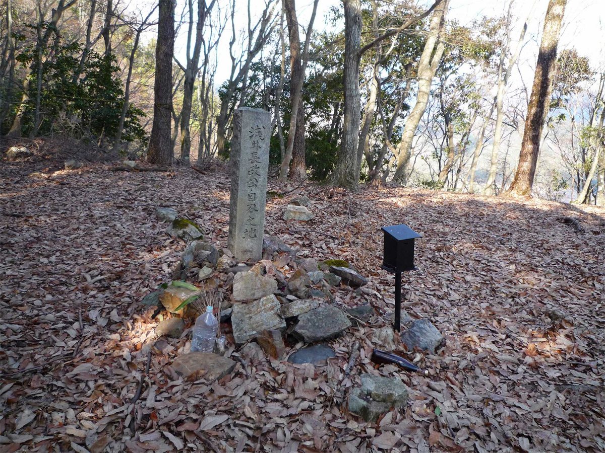 小谷城跡の落ち葉の積もった林の中に立つ「浅井長政公自刃之地」の石碑