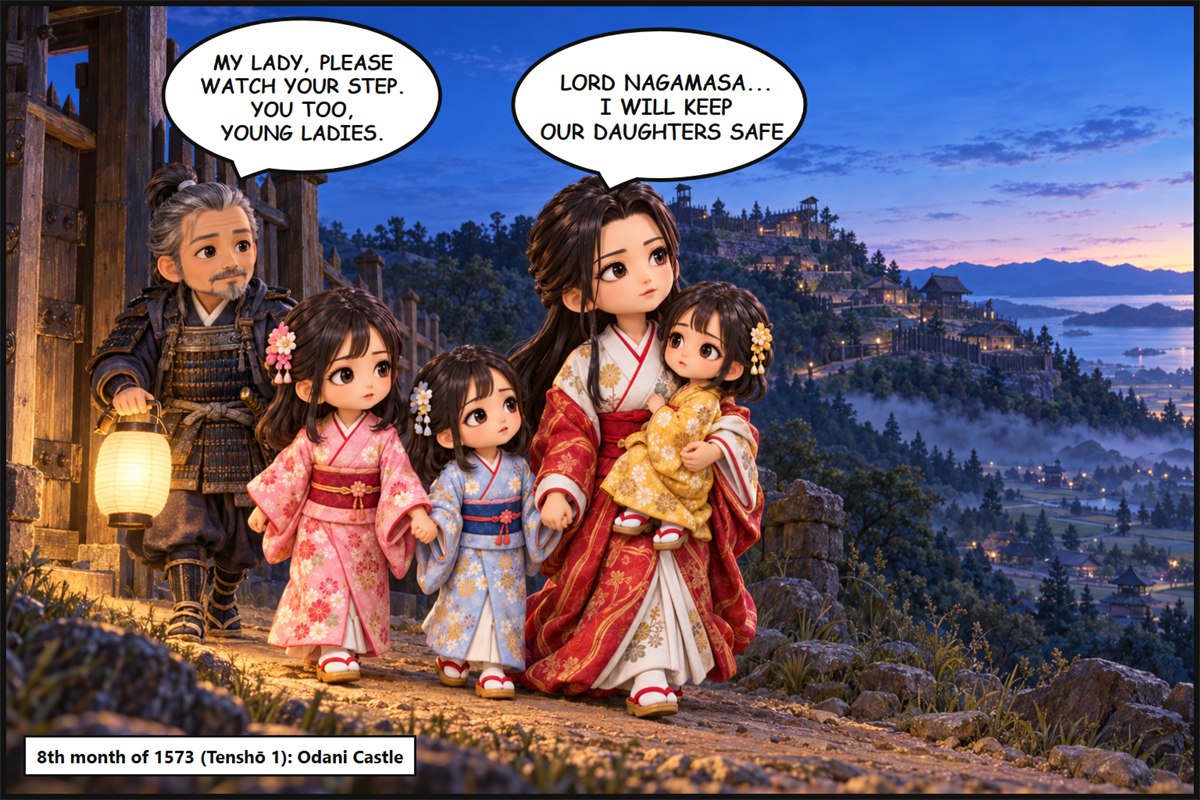 Manga panel. At night, Oichi and her three daughters leave Odani Castle by the gate, watched over by an older retainer carrying a lantern. The retainer says, 'My lady, please watch your step. You too, young ladies.' Oichi says, 'Lord Nagamasa... I will keep our daughters safe.'