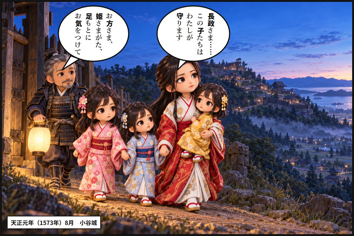 夜の小谷城の門から、灯りを持った年配の家臣に見守られて、お市の方と3人の娘が城を出ていく漫画のコマ