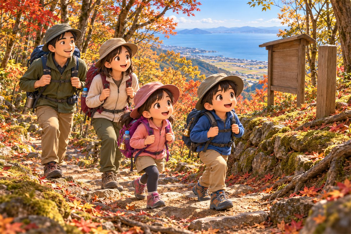 紅葉の山道を、リュックと熊よけの鈴をつけて楽しそうに登る家族のイラスト。木の案内板と、その先に琵琶湖が見える