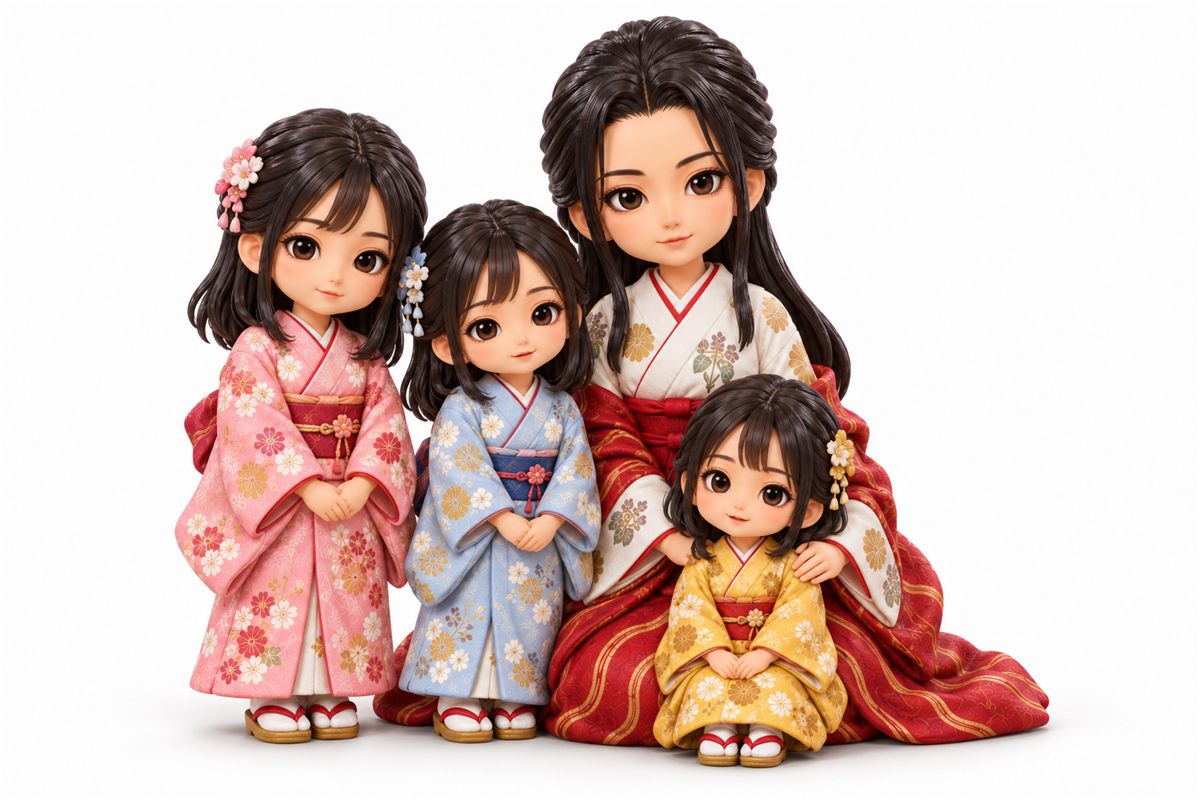 ひざをついた母のお市の方と、背の高さのちがう3人の幼い娘のイラスト