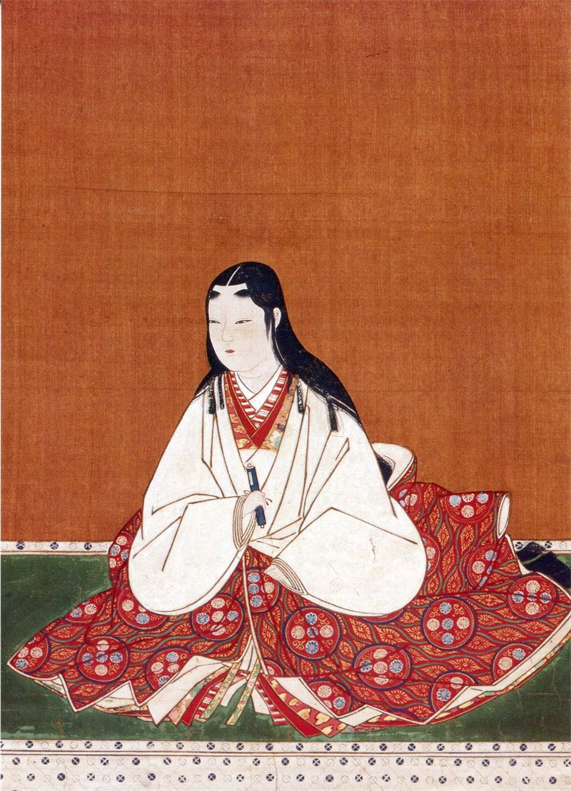 白い小袖を着て、模様のある赤い打掛を腰のあたりにまとって座る女性の肖像画「浅井長政夫人像」