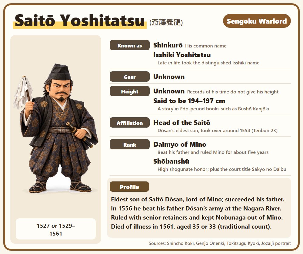 Profile of Saitō Yoshitatsu: names, gear or keepsakes, height, affiliation, rank or status, and a short life summary