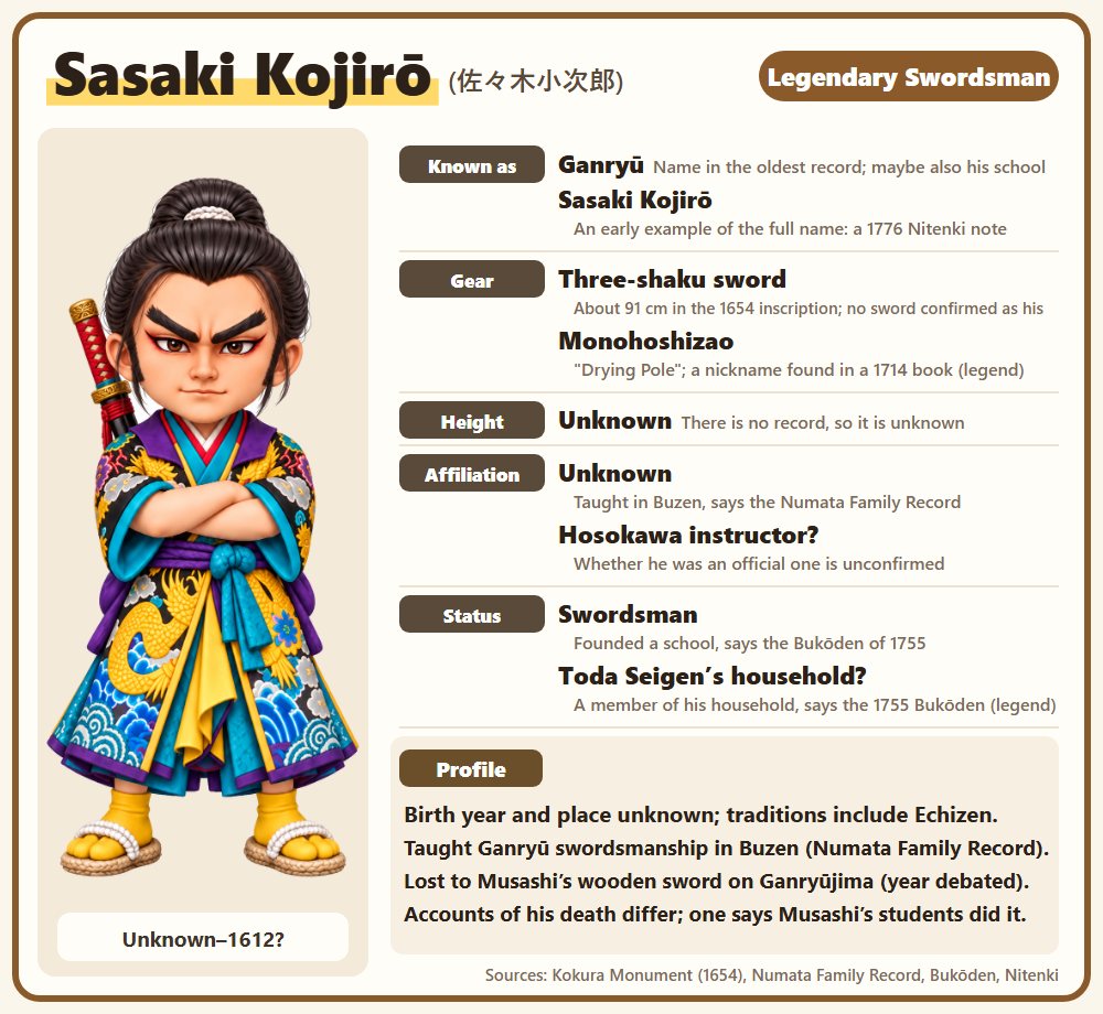 Profile of Sasaki Kojirō: names, gear or keepsakes, height, affiliation, rank or status, and a short life summary