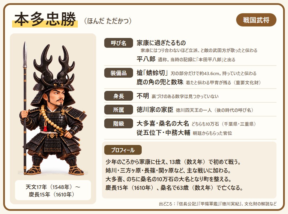 本多忠勝のプロフィール。呼び名・装備品・身長・所属・階級と、一生の短い紹介