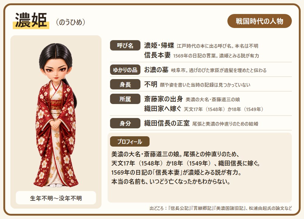 濃姫のプロフィール。呼び名・ゆかりの品・身長・所属・身分と、一生の短い紹介
