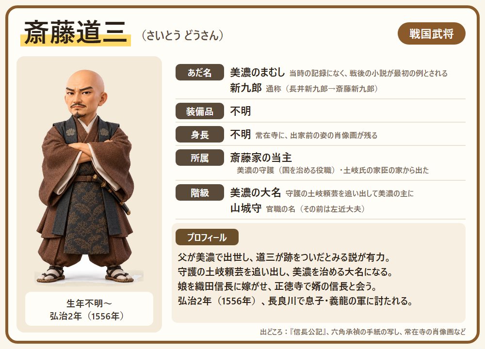斎藤道三のプロフィール。あだ名・装備品・身長・所属・階級と、一生の短い紹介