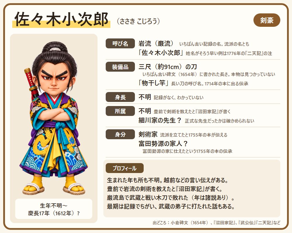 佐々木小次郎のプロフィール。呼び名・装備品・身長・所属・身分と、一生の短い紹介