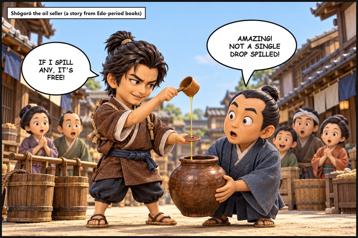 Manga panel. In a town street, the young oil seller Shōgorō pours oil through the hole of a coin into a jar and says, 'If I spill any, it's free!' A customer says, 'Amazing! Not a single drop spilled!'