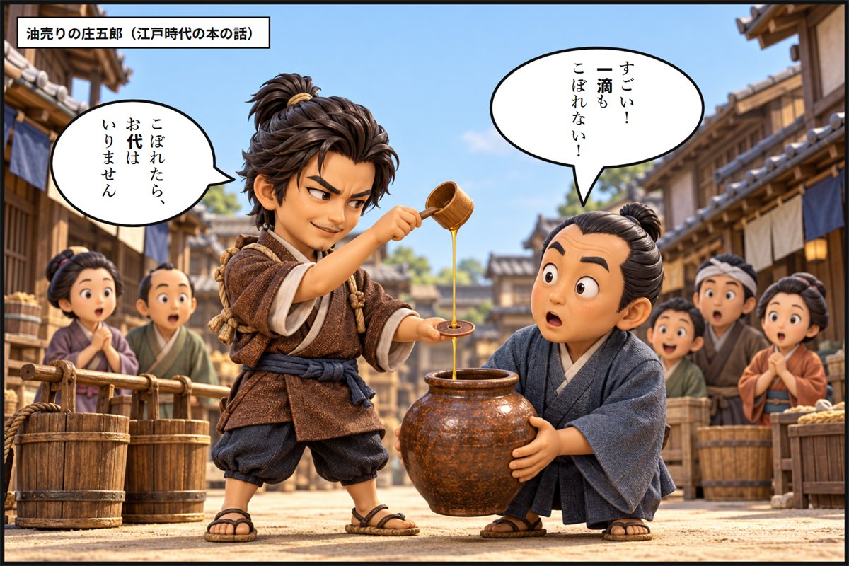 町の通りで、若い油売りの庄五郎が一文銭の穴に油を通して壺に注ぎ、客や見物人がおどろく漫画のコマ