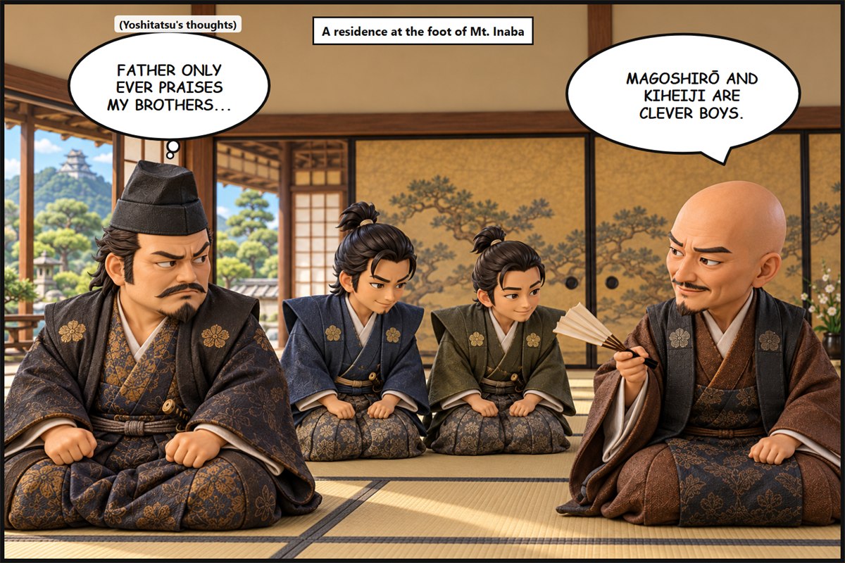 Manga panel. In a reception room, Saitō Dōsan holds a fan and says, 'Magoshirō and Kiheiji are clever boys.' His eldest son Yoshitatsu, sitting apart, thinks, 'Father only ever praises my brothers...'