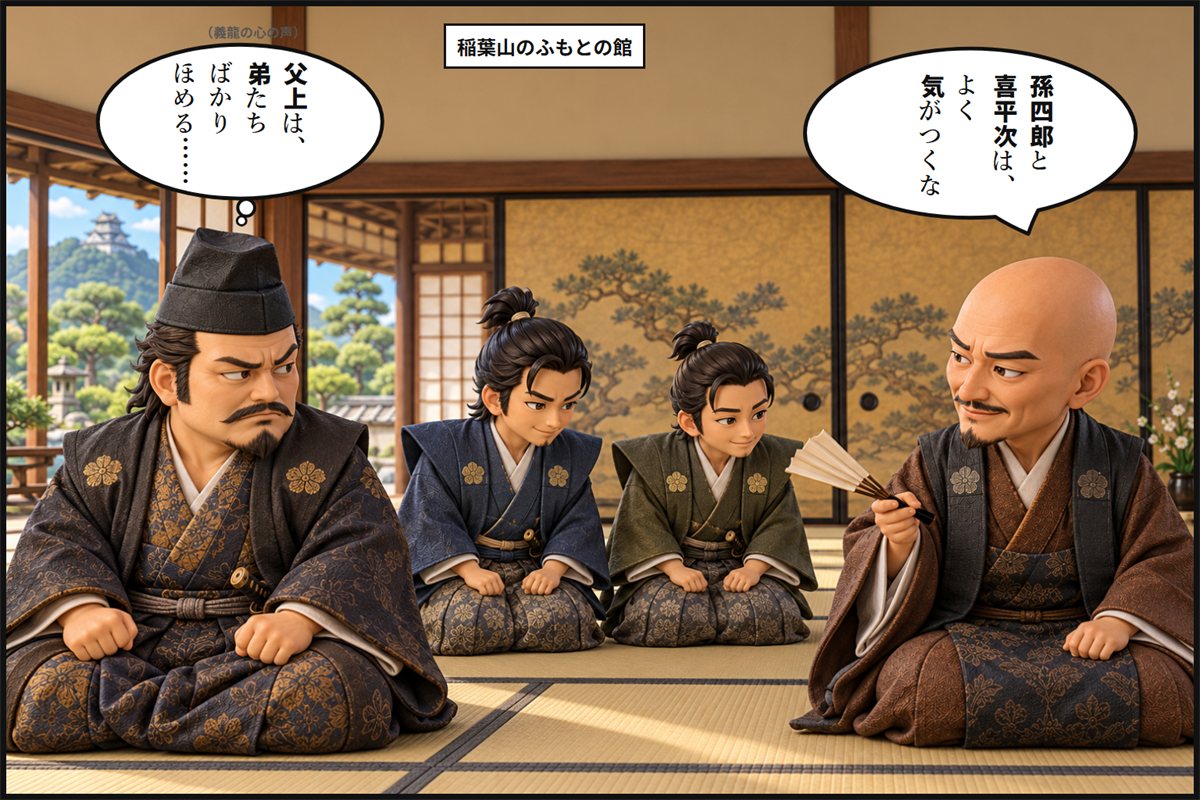 館の座敷で、斎藤道三が扇を手に二人の弟たちをほめ、少しはなれて座る長男の義龍がくやしそうに横目で見ている漫画のコマ