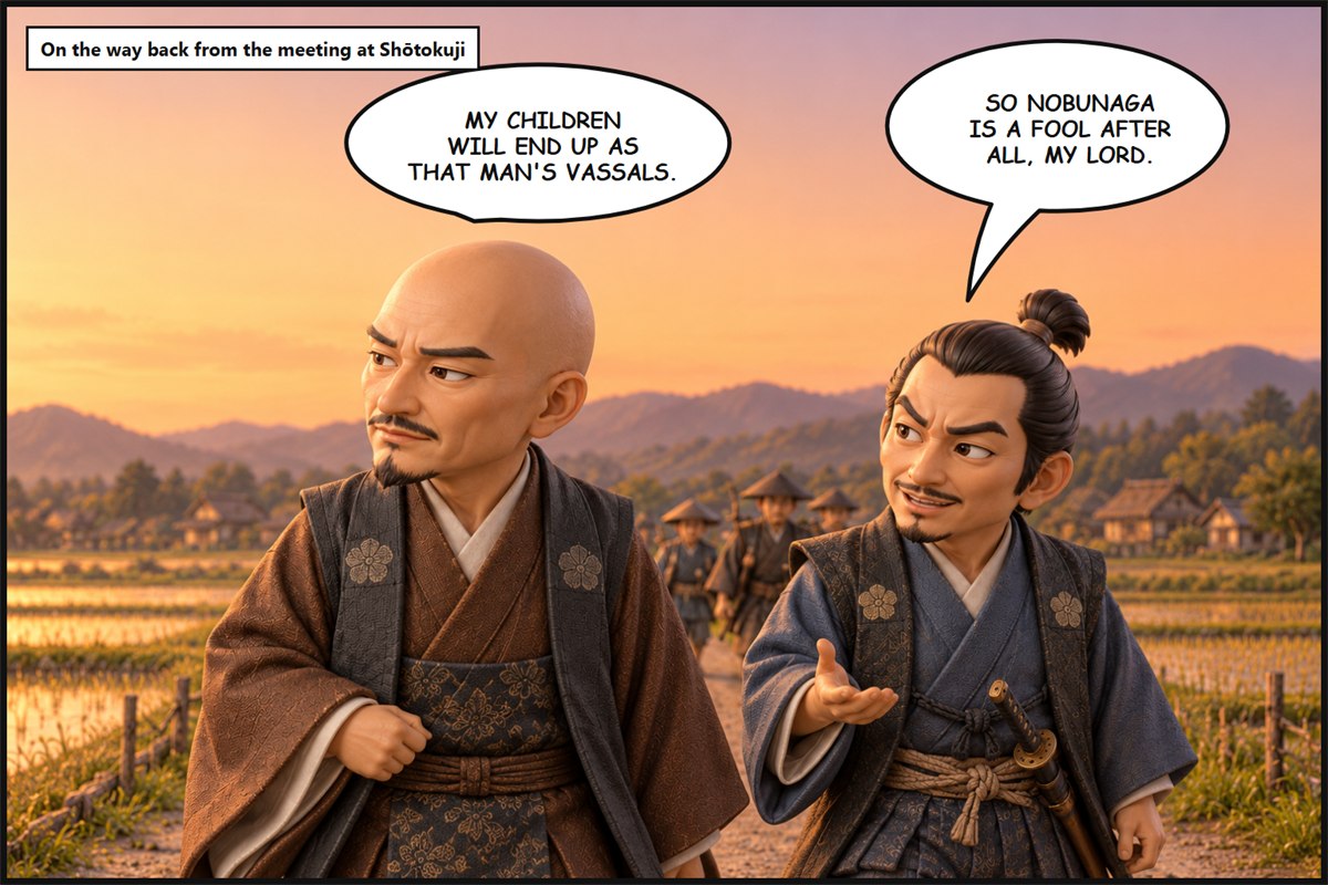 Manga panel. On a country road at sunset, the retainer Inoko Hyōsuke says, 'So Nobunaga is a fool after all, my lord.' Saitō Dōsan looks into the distance and says, 'My children will end up as that man's vassals.'