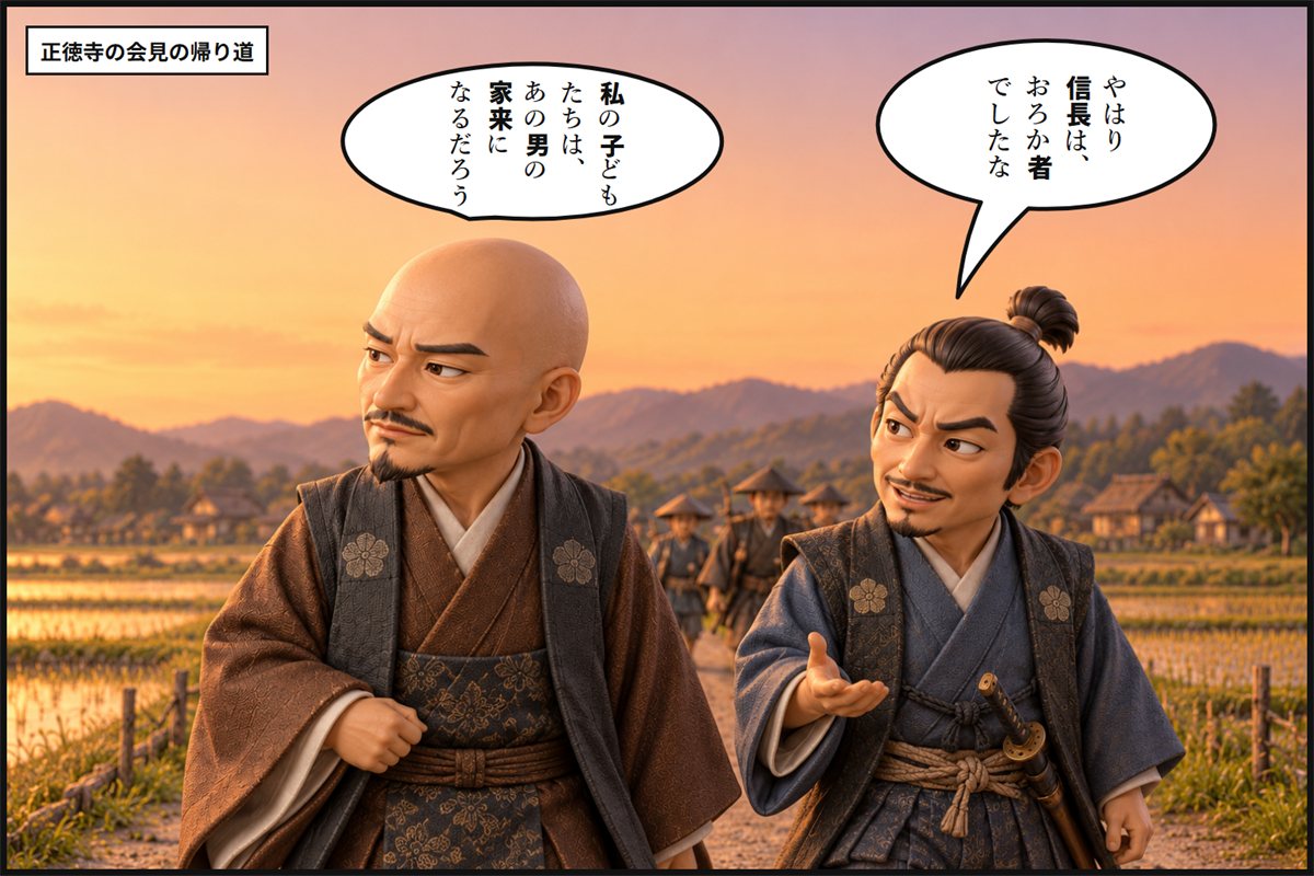 夕焼けの田舎道で、家臣の猪子兵介が話しかけ、斎藤道三が遠くを見ながら答える漫画のコマ