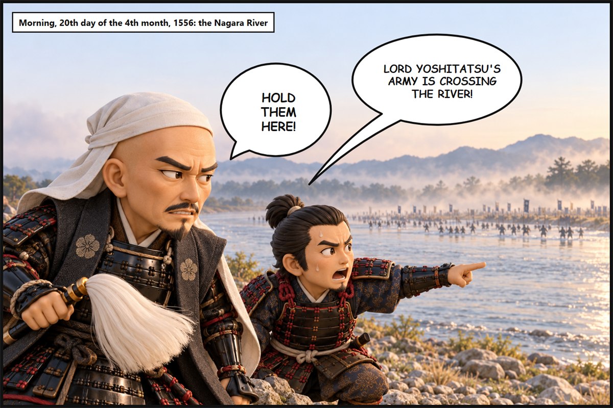 Manga panel. By the Nagara River in the morning, a retainer points and says, 'Lord Yoshitatsu's army is crossing the river!' Saitō Dōsan, in armor and a white hood, glares across the river and says, 'Hold them here!'