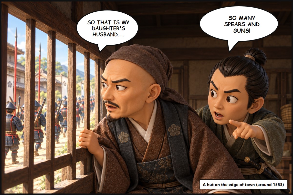Manga panel. From the lattice window of a hut, a retainer points and says, 'So many spears and guns!' Saitō Dōsan, in a hood, peers at the procession and says, 'So that is my daughter's husband...'