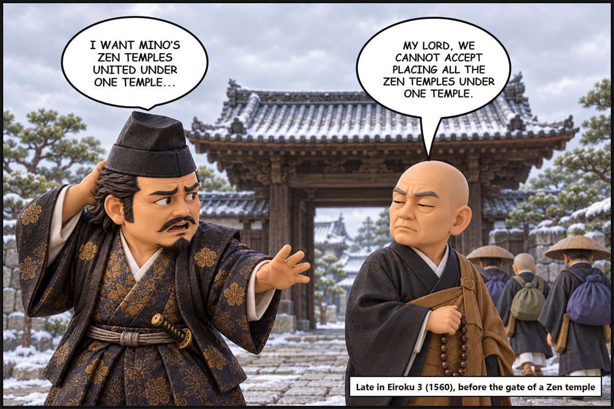Manga panel. Before the gate of a Zen temple, an elderly Zen monk refuses, saying, 'My lord, we cannot accept placing all the Zen temples under one temple.' Saitō Yoshitatsu, looking troubled, calls after him, 'I want Mino's Zen temples united under one temple...'
