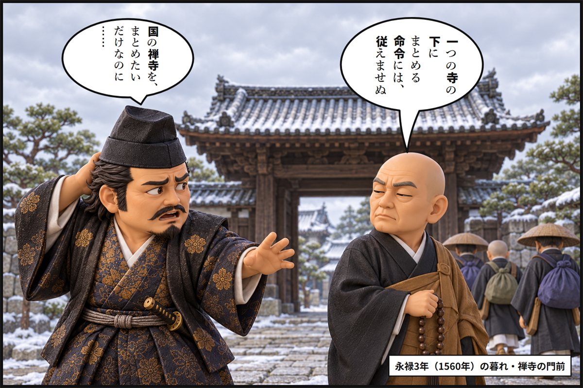 禅寺の山門の前で、年配の禅僧が命令に従えないと断り、斎藤義龍が困った顔で呼び止める漫画のコマ