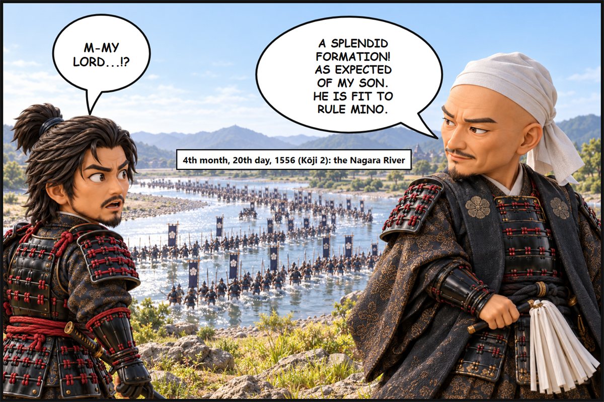 Manga panel. By the Nagara River, Saitō Dōsan in armor and a white hood watches Yoshitatsu's army crossing the river and says, 'A splendid formation! As expected of my son. He is fit to rule Mino.' A retainer exclaims in surprise, 'M-my lord...!?'